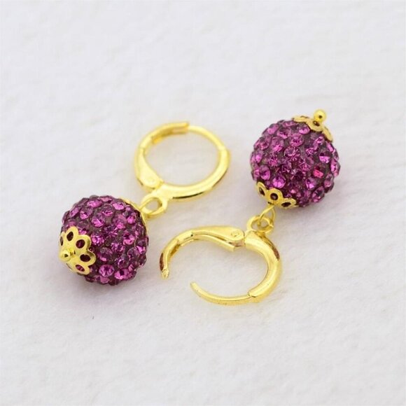 Elegant Fuchsia Austrian Crystal Ball Dangle Pink and Gold Earrings - Picture 1 of 2